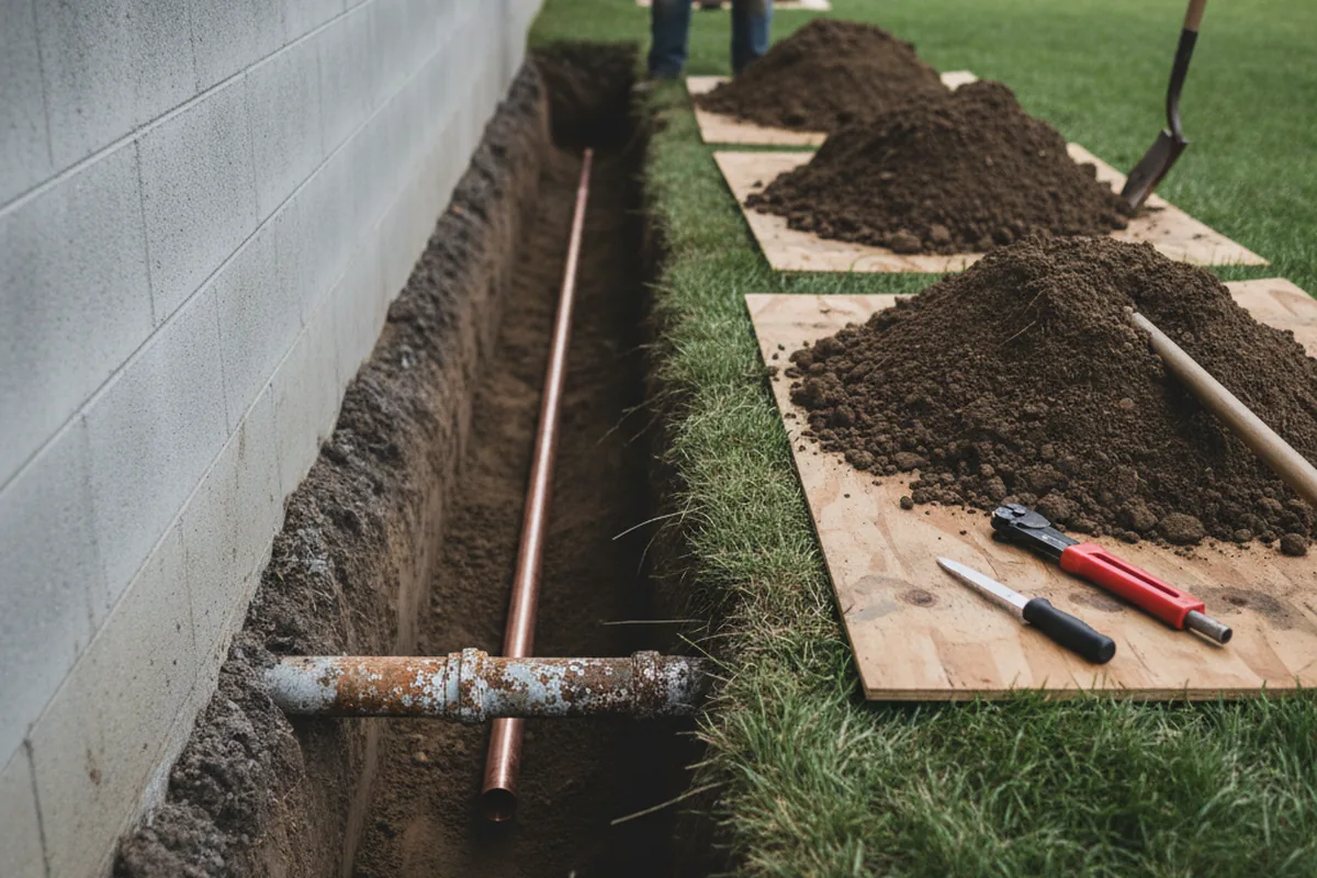 Excavated water line trench during Water Softener Installation in Lebec
